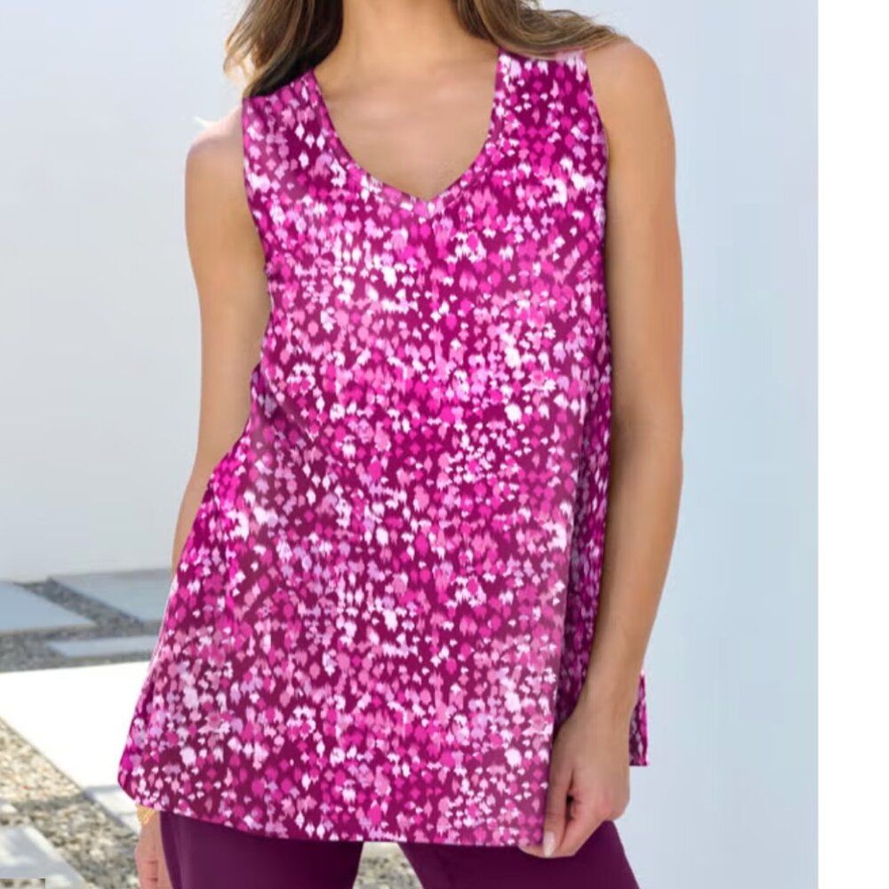 Roaman's pink and white cotton swing tank top with wide hem, size 14 to 16